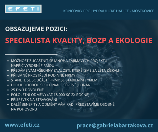 Specialista/ka kvality, BOZP a ekologie – MOSTKOVICE (35.000 – 60.000)